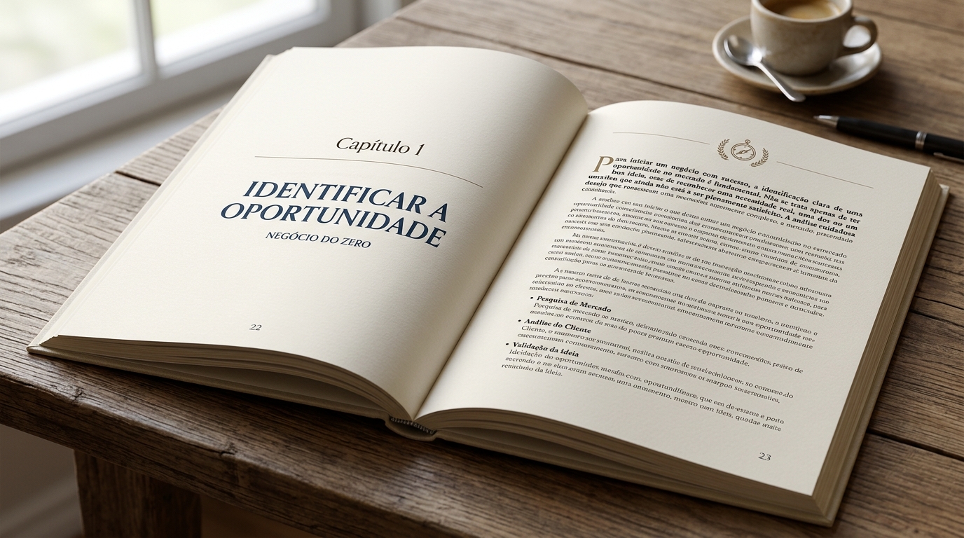 Páginas interiores do ebook Negócio do Zero — capítulo sobre identificar a oportunidade